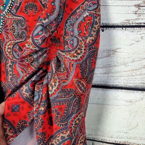 Urban CoCo XXL Boho Tunic Top Paisley Print Red Blue Tassel Neck 3/4 Sleeve Stre - Picture 3 of 7